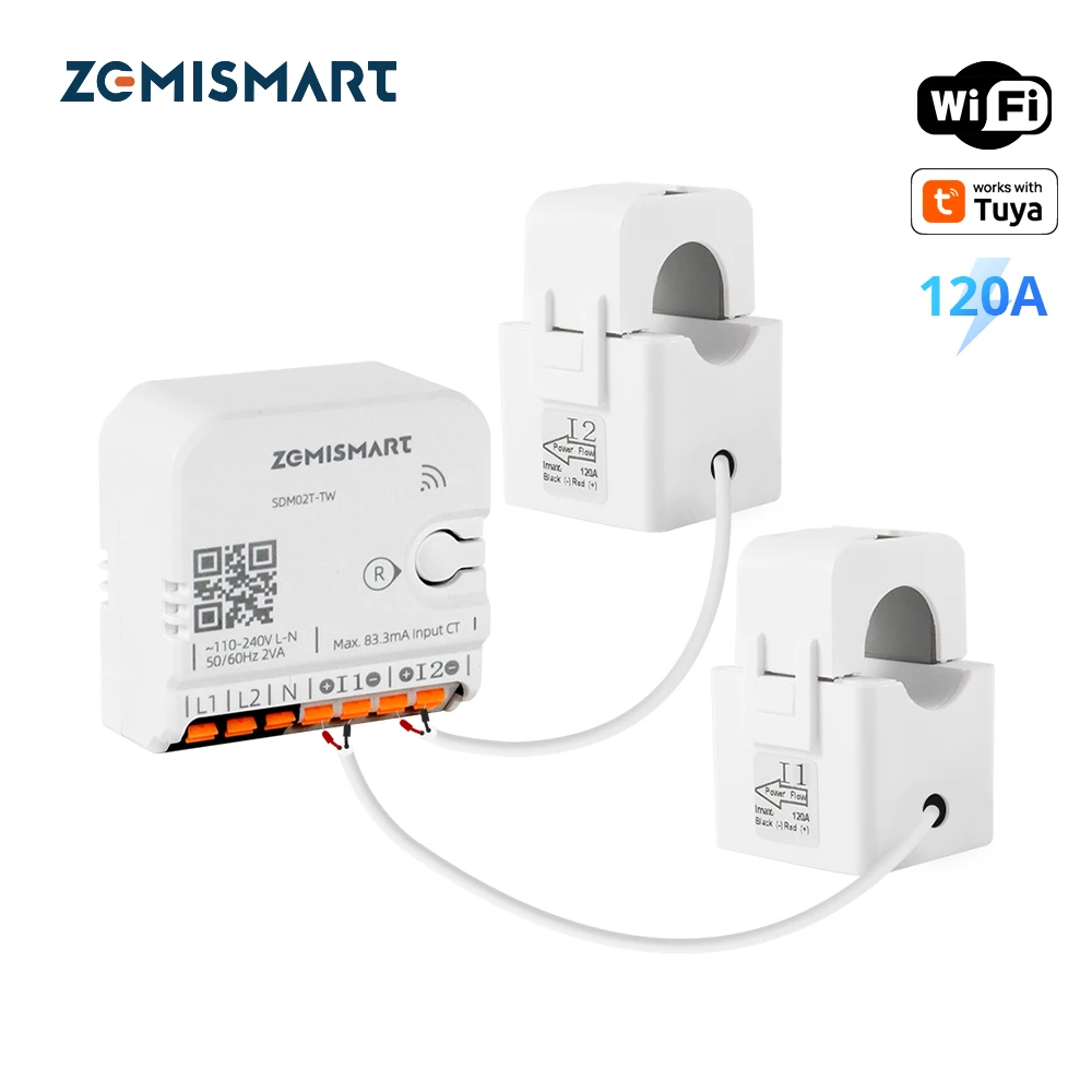 Zemismart WiFi 120A 2 Phase Energy Meter Smart Din-rail Power Monitor Withdrawable Split-core CTs Works with Tuya Smart Life App