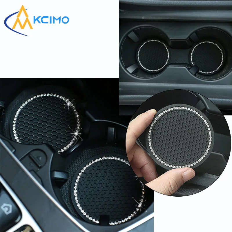2Pcs Bling Rhinestone Car Cup Coaster, Silicon Anti-Slip Waterproof Drink Holder Mat, Sparkling Auto Interior Decorative Pad