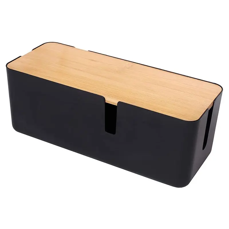 Stylish-2X Cable Management Box With Bamboo Lid Small Cable Organizer Box For Extension Cord Power Stripe Surge Protector(Black)