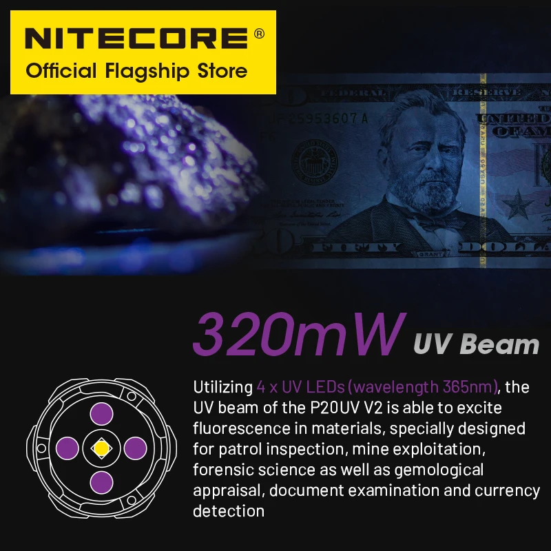 Imagem -03 - Nitecore P20uv v2 Lanterna Tática 1000 Lumens18650 Levou Lanterna Ultravioleta Acampamento ao ar Livre Tocha Luz Lanterna Spotlight