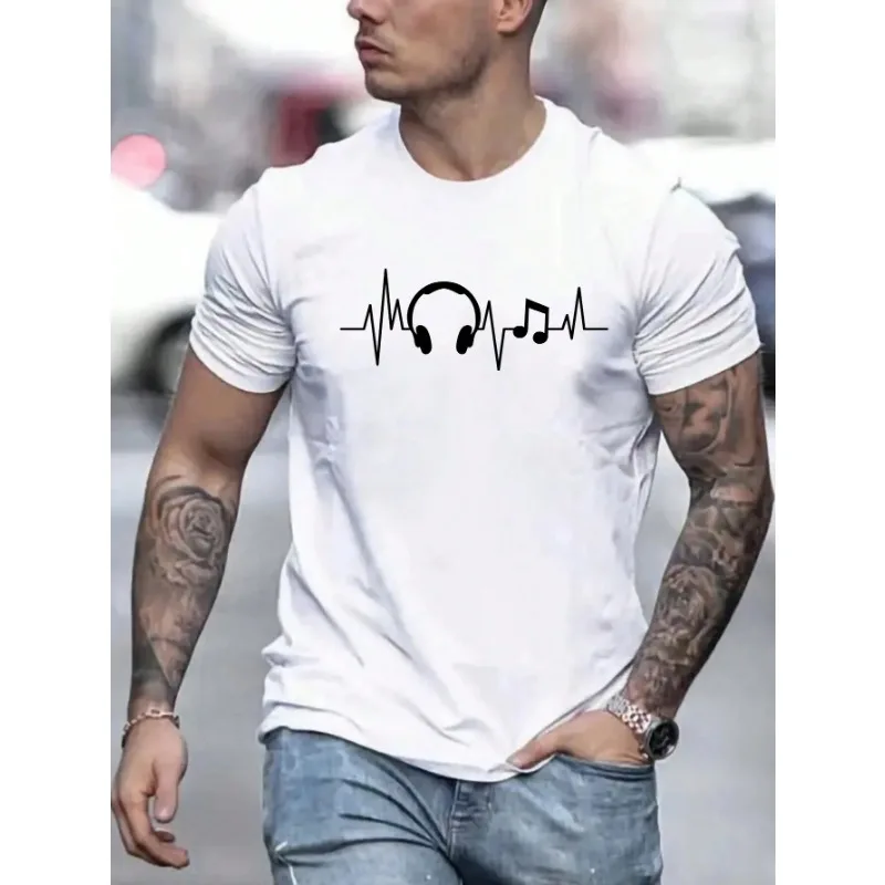 

Men's Summer Earbuds Printed Round Neck Short Sleeve Casual Cotton T-shirt New Fashion Daily Loose Size Couple Street T-shirt