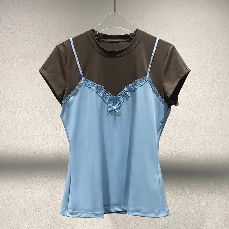 

2025 summer new niche color lace stitching fake two tops slim short sleeve T-shirt woman