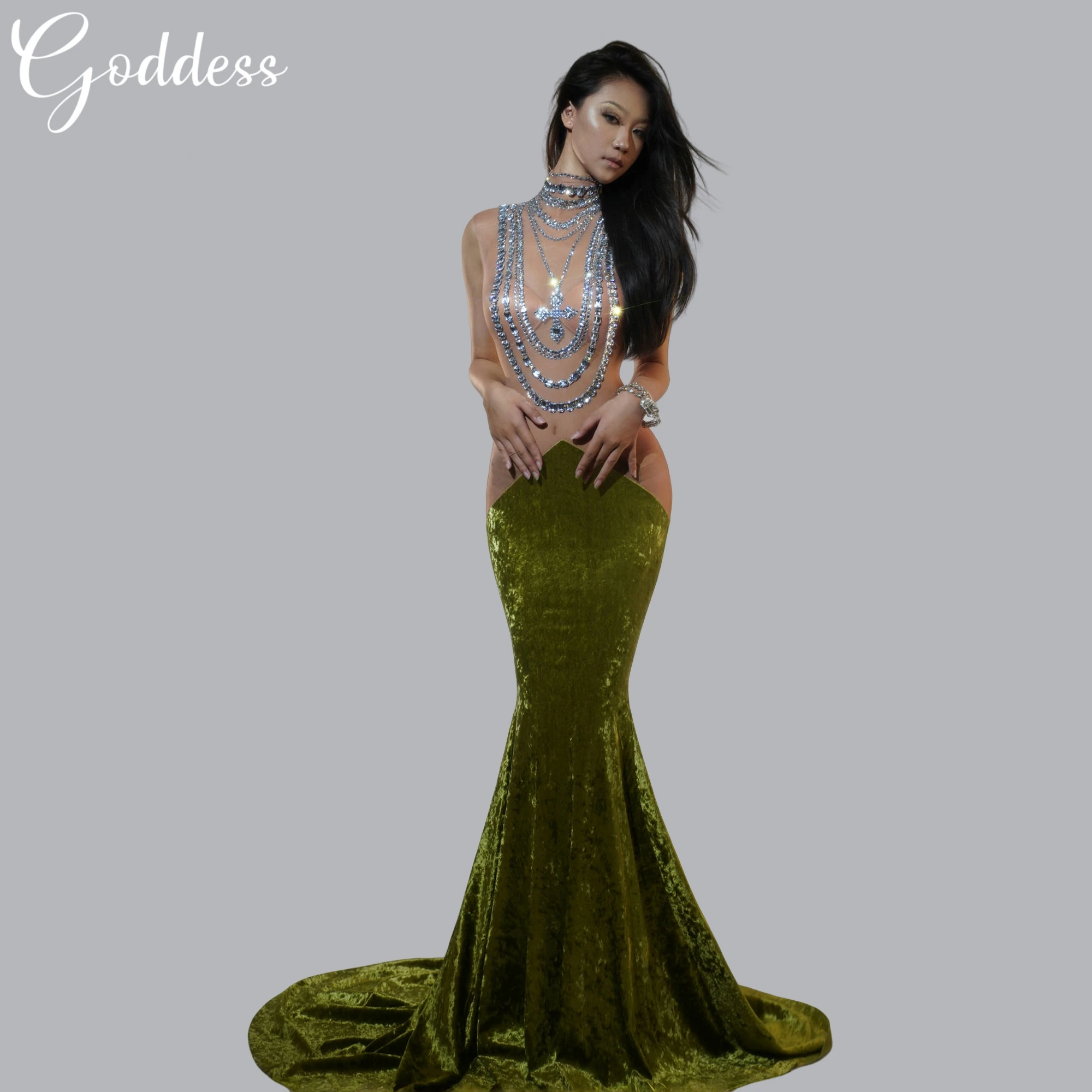 

Sexy Illusion Formal See Through Evening Dress For Women Sheer Neck Mermaid Rhinestones Party Gown Sleeveless Prom Maxi Dress