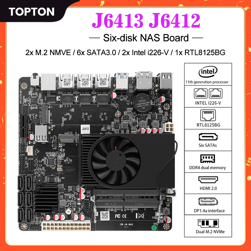 NAS Motherboard Celeron J6413 J6412 2*Intel i226-V 1*RTL8125BG 2.5G LANs 2*NVMe 6*SATA3.0 2*DDR4 1*PCIe Mini ITX Mainboard