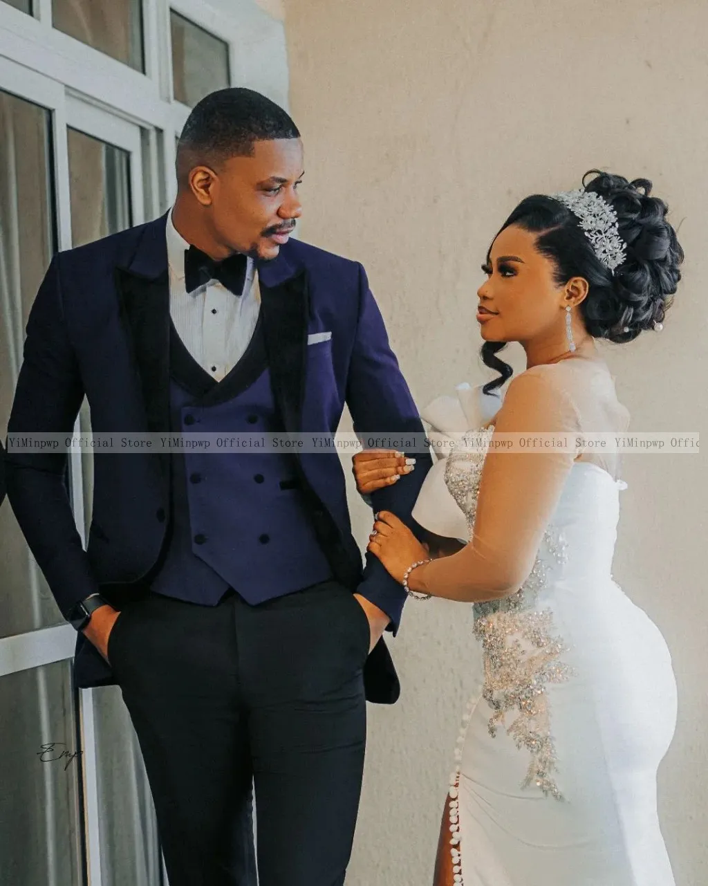 Nigeria Mermaid Wedding Dresses for Bride Sheer Neck Long Sleeve Side Split Ruffles Africa Wedding Reception Gowns Customized