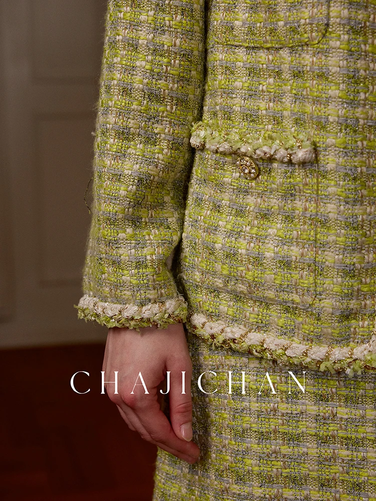 een Light Forest High-End Cusized Tweed Prestige Small Fraance Sle Jaet Luxe gezellige damesjas met lange mouwen