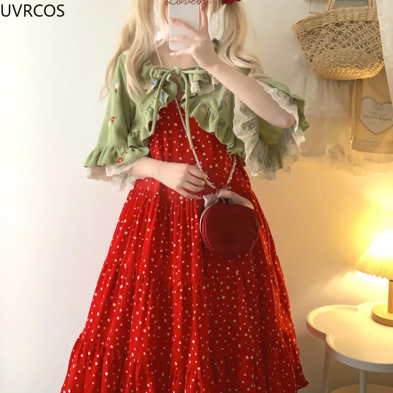 Kawaii Leuke Lolita Stijl Korte Vest Vrouwen Zoete Bloem Ruches Lace-ups Gebreide Jas Koreaanse Fashion Casual Crop Mantel tops