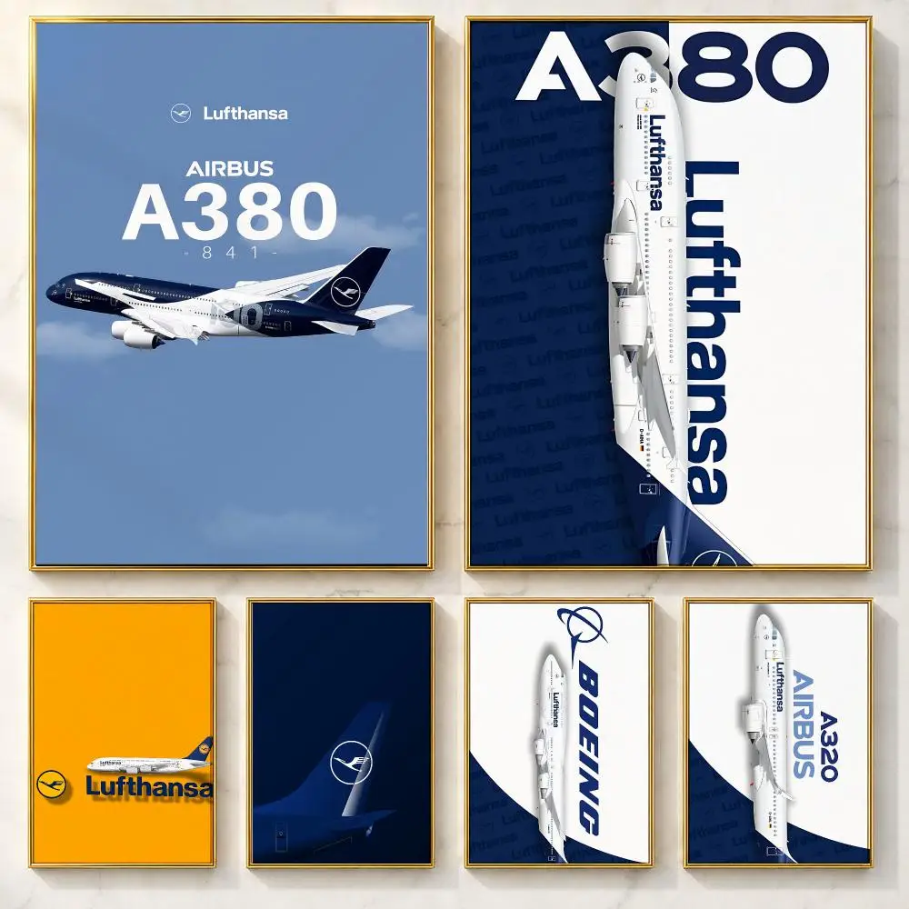 Global Airline L-LufthansaS Poster Self-adhesive Art Poster Decoracion Painting Wall Art White Kraft Paper Home Decor