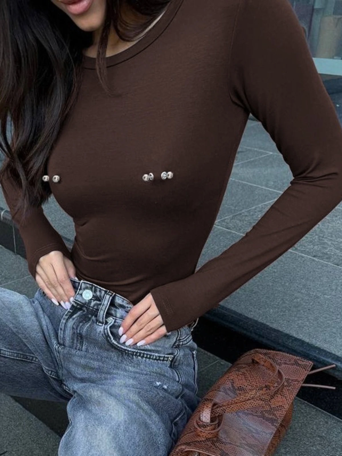 SsTss بدلة للجسم بأكمام طويلة للنساء بلون سادة ورقبة مستديرة نحيفة تي شيرت علوي غير رسمي غمد الشارع مفتوح المنشعب