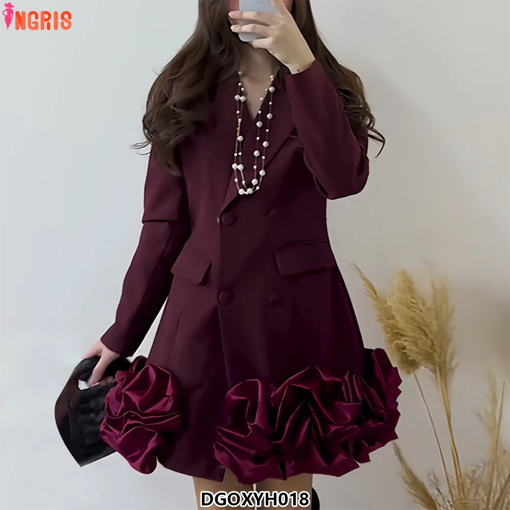 

New Splicing Three-dimensional Flower Design Short Dress Women Turn-down Collar Long Sleeves Elegant Mini Dress-DGOXYH018
