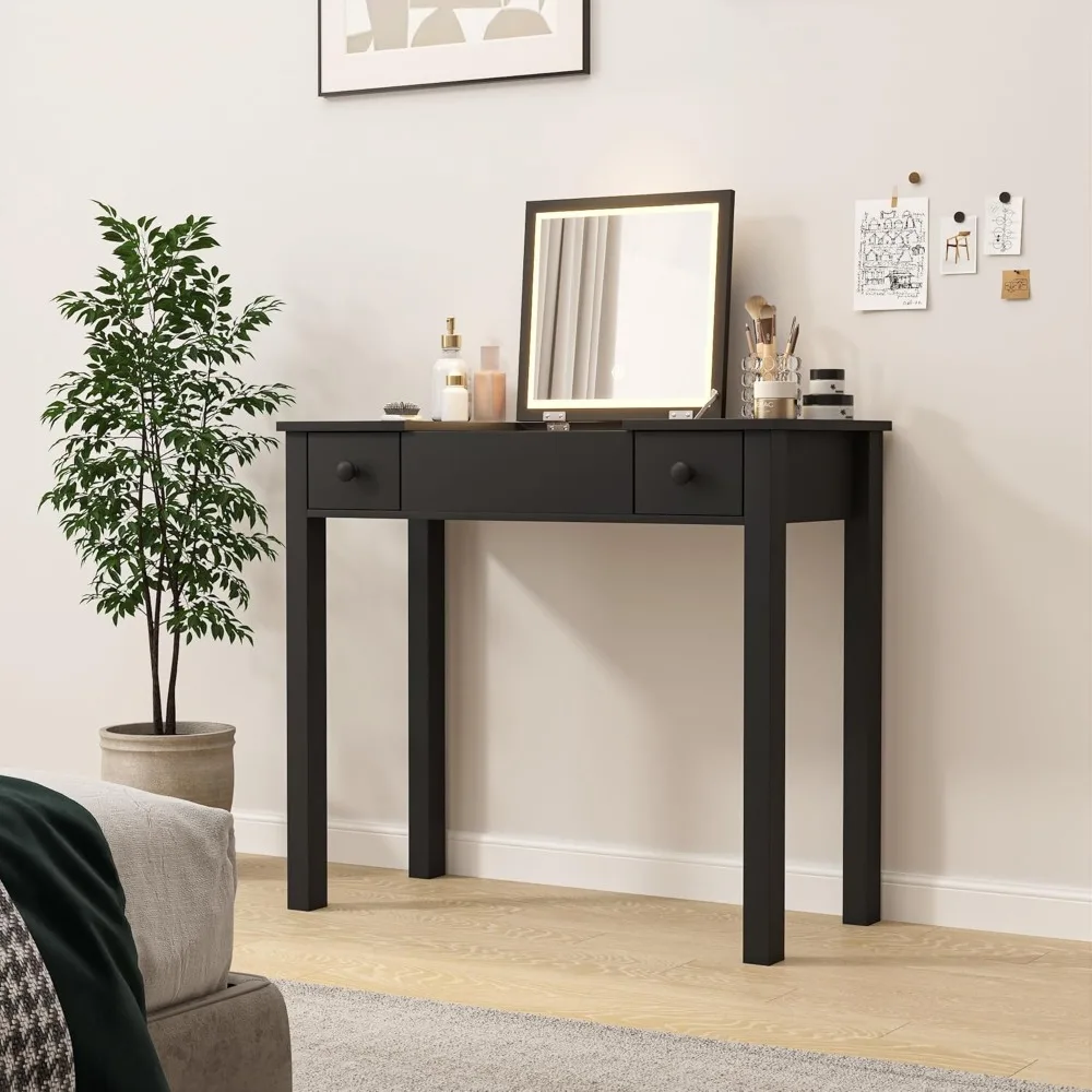 Escritorio de tocador de maquillaje iluminado ajustable con espejo abatible, iluminación de 3 modos, 2 cajones, 3 cajas de almacenamiento para dormitorio