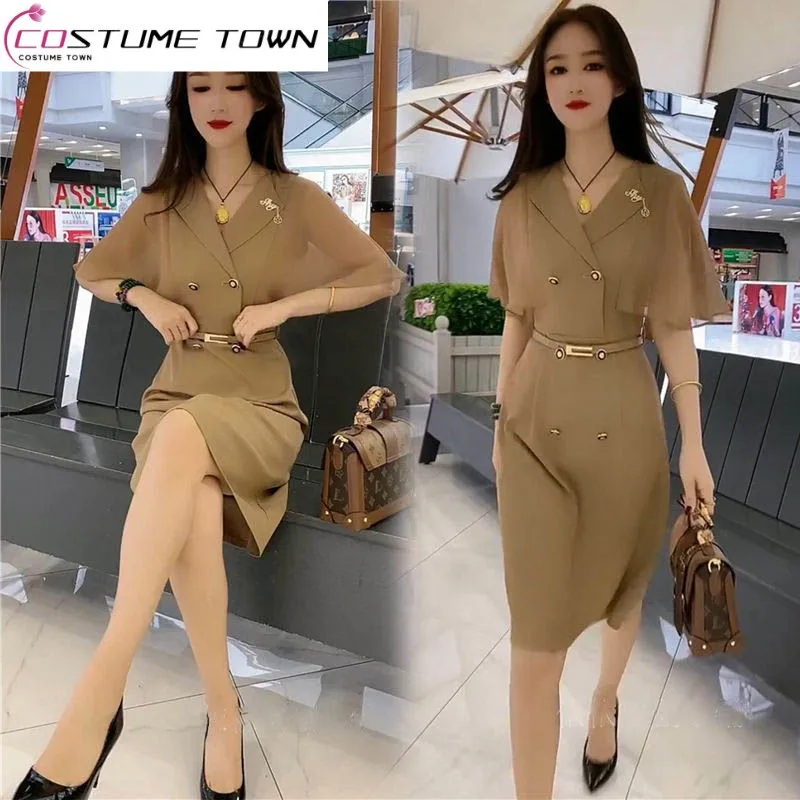 

2023 Temperament Fashion Dress Women's Summer New Korean Version Slim Bat Sleeve Panel Mesh Suit Dress Trend