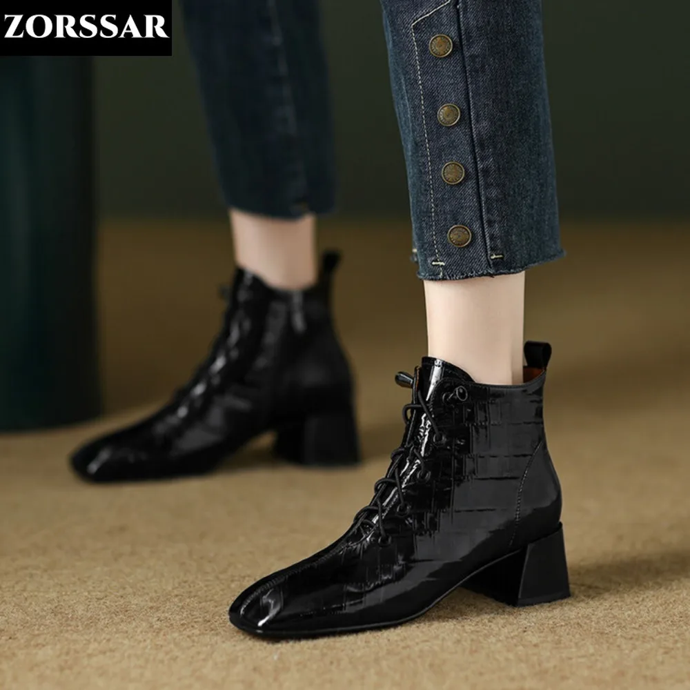 

Genuine Leather Zipper Square Toe High Heels Women Ankle Boots Nightclub Fashion Boots Party Vacation Elegant 2024 Winter Shoes