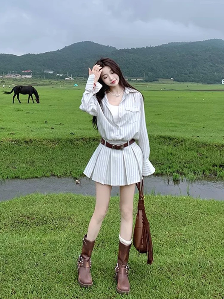 Abito camicia a righe da donna Gonna a trapezio a vita alta Manica lunga Manica coreana Design da pendolarismo Avvolgente in garza dimagrante Primavera
