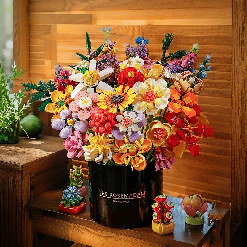 MOC 다양한 패션 꽃 꽃다발 꽃 빌딩 블록 세트 시뮬레이션 DIY 장미 인공 컬렉션 발렌타인 데이 소녀 선물
