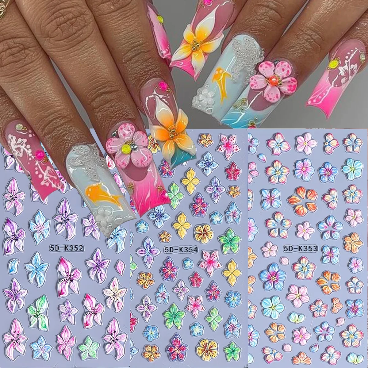 Embossed Floral Nail Art Stickers - Self-Adhesive Colorful Lily Flower Decals, Spring Summer Fantasy Theme DIY Nail Decorations