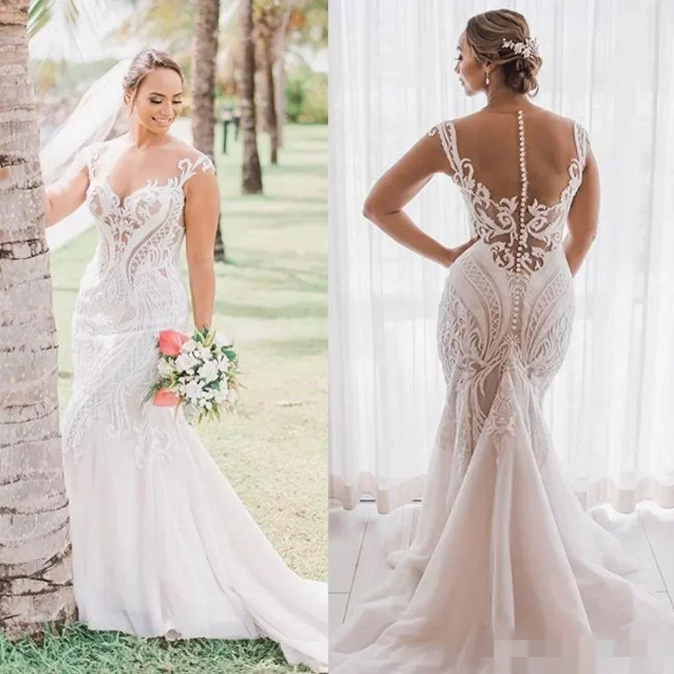 customized Plus size Mermaid Wedding dress Lace applique Transparent V Neck jewelry Sweep train romantic wedding gown Mary New