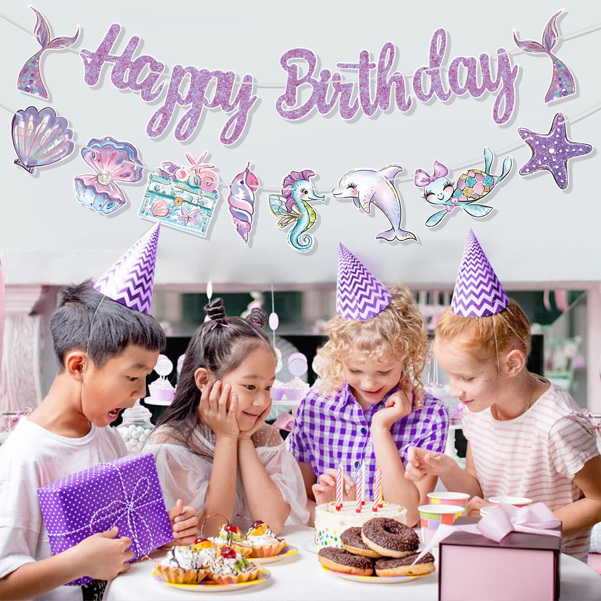 Banderole d'Anniversaire en Forme de Sirène pour Fille, Fournitures de Décoration pour ixPréChristophe, Violet