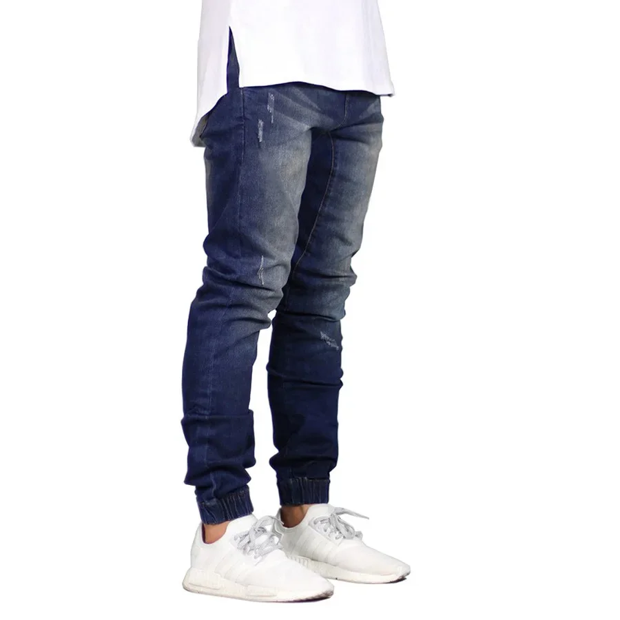 Men Jeans Distressed Pencil Pants Denim Pockets Streetwear Mid Waist Washing Slim Zipper Fly Flat Slight Strech Ankle Length