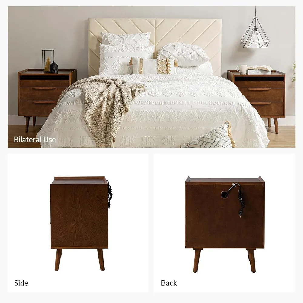 2 Drawer Nightstand with Charging Station,Mid-Century Modern Bedside Tables，Wood Night Stand with Pull-Out Shelf Set of 2,Walnut image 3