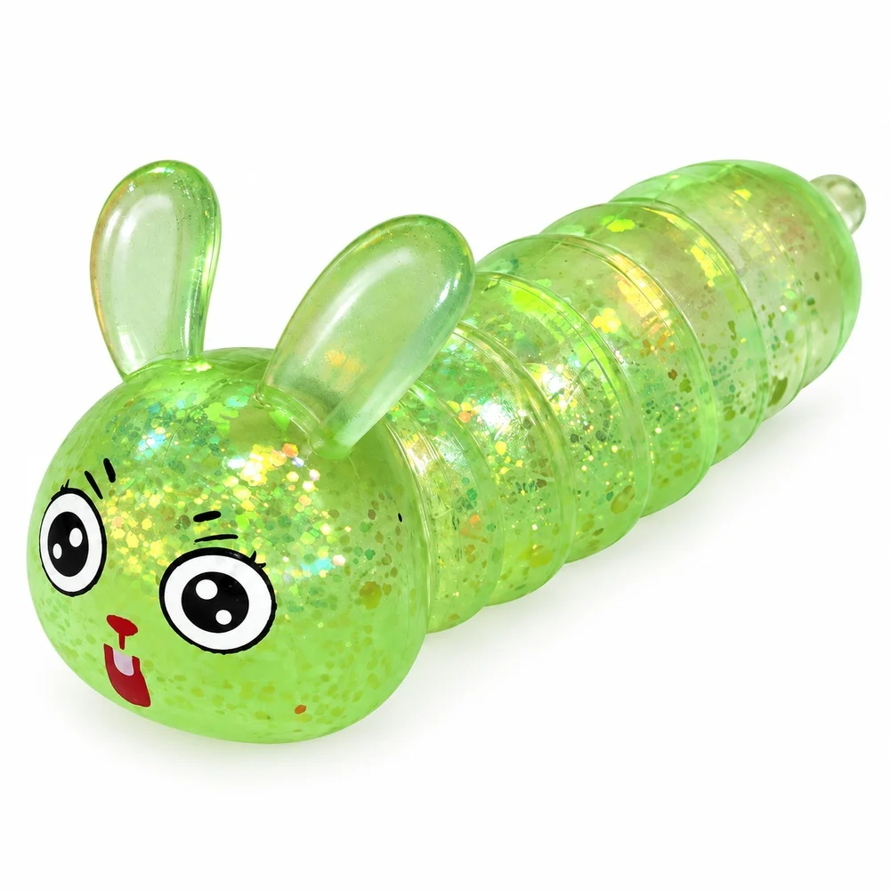 Caterpillar Squishy Toy Clear Green or Pink TPR Bunny Ears Shiny Flakes Segmented Body Squeeze Fidget Gift for Teens and Adults