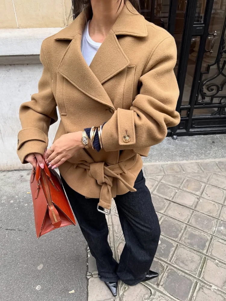 

Lapel Lace Up Woolen Coat Women Solid Stand Collar Single Breasted Loose Chic Outerwears Lady Autumn New Daily Highstreet Jacket