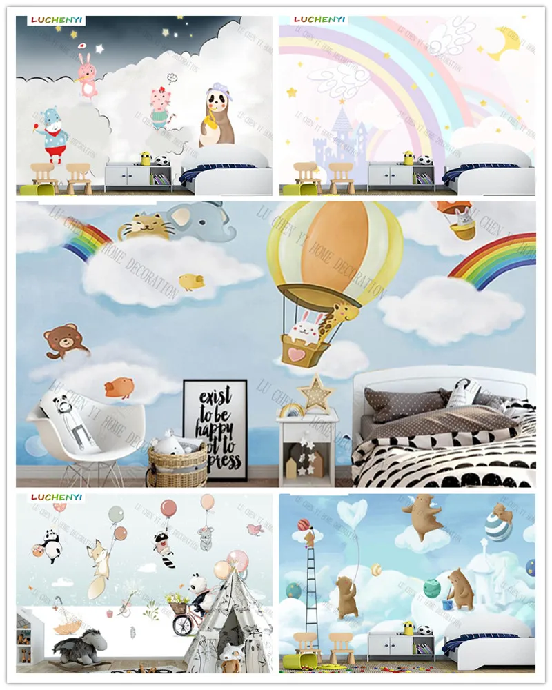 

Custom Cartoon Animal Ballon rainbow Kids Room Wallpaper Mural Living Room TV Wall children Bedroom Wallpaper Home Decor sticker