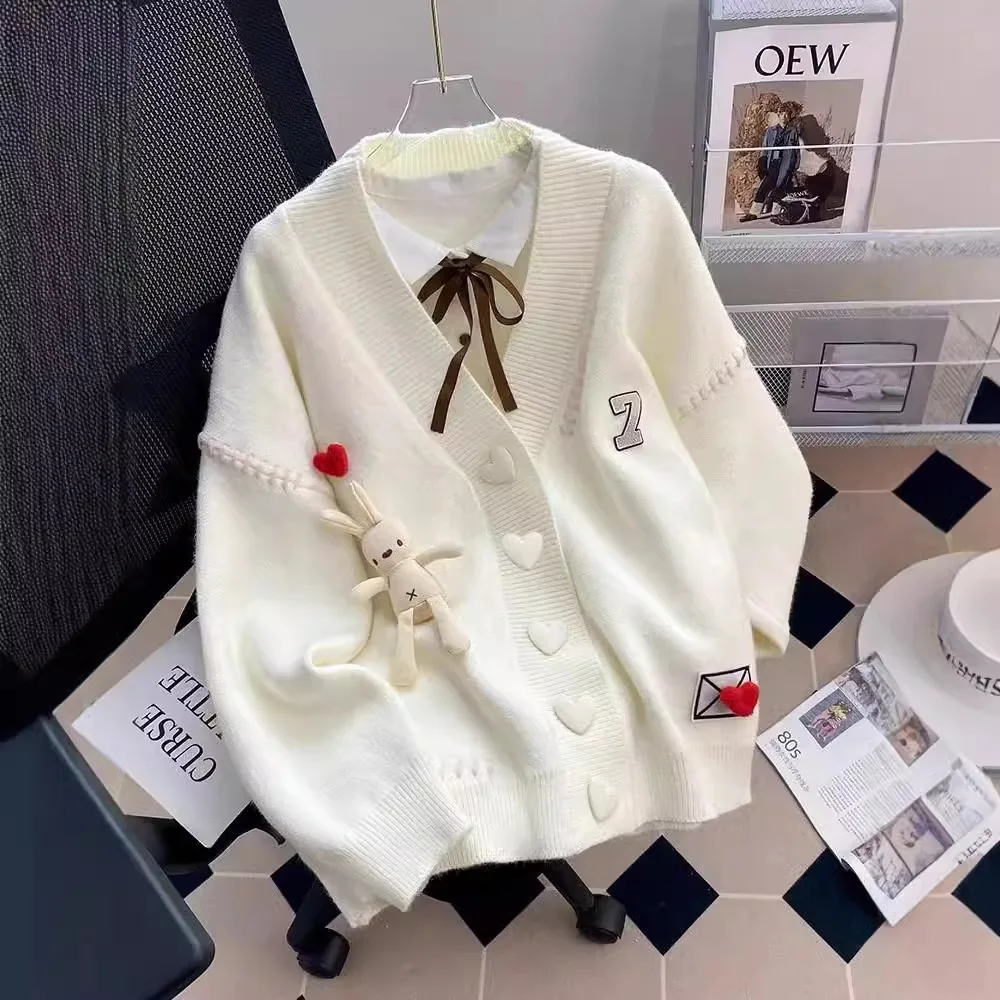 

Japanese and Korean Cartoon Letter Heavy Industry Rope Sweater Women's Autumn and Winter New Loose Knitted Cardigan