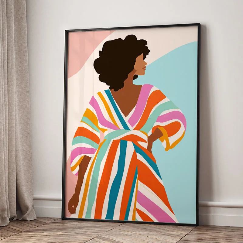 Watercolor Striped Girl Vase Leaves Wall Art Canvas Painting Abstract Posters Prints Hotel Bar for Living Room Office Wall Decor