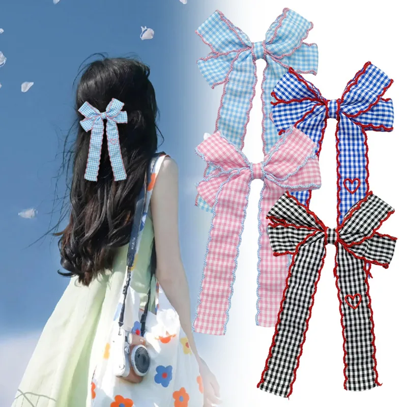 24pcs-tartan-plaid-bow-hair-clips-for-girls-wave-edge-long-tassel-barrettes-kids-frill-bow-hairpins-baby-headwear-bulk