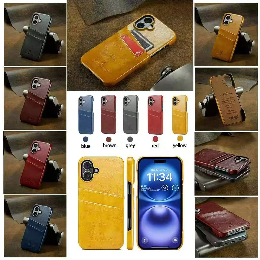 

Однотонный кожаный чехол-кошелек с отделениями для карт для iPhone 17, Air 16, 15, 14 Plus, 13, 12, Mini 11 Pro Max с жесткой защитной крышкой
