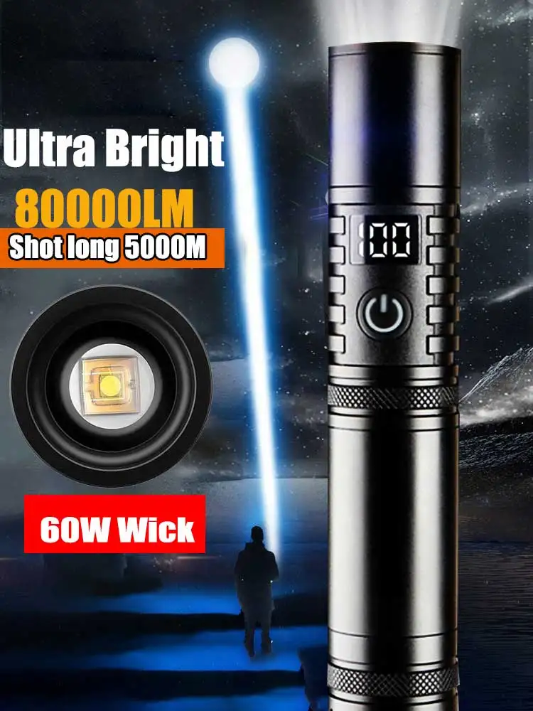 

80000LM 60W High Power Flashlight TYPE-C Rechargeable Light Headlight Camping Hiking Led Flashlights Can Be Used As A Power Bank