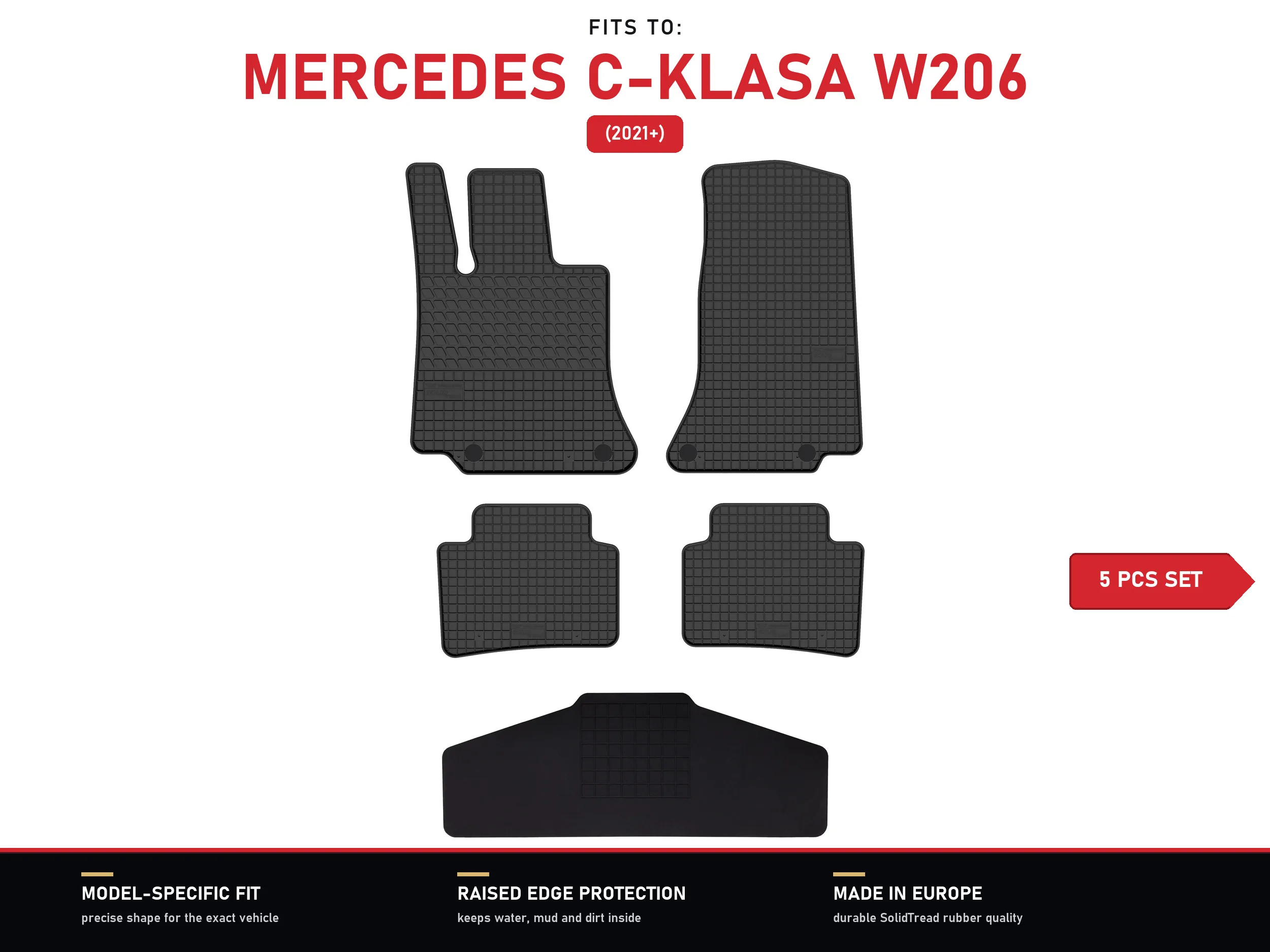 Tapis en caoutchouc avec tunnel pour : Mercedes Classe C W206 2021- 5 pièces