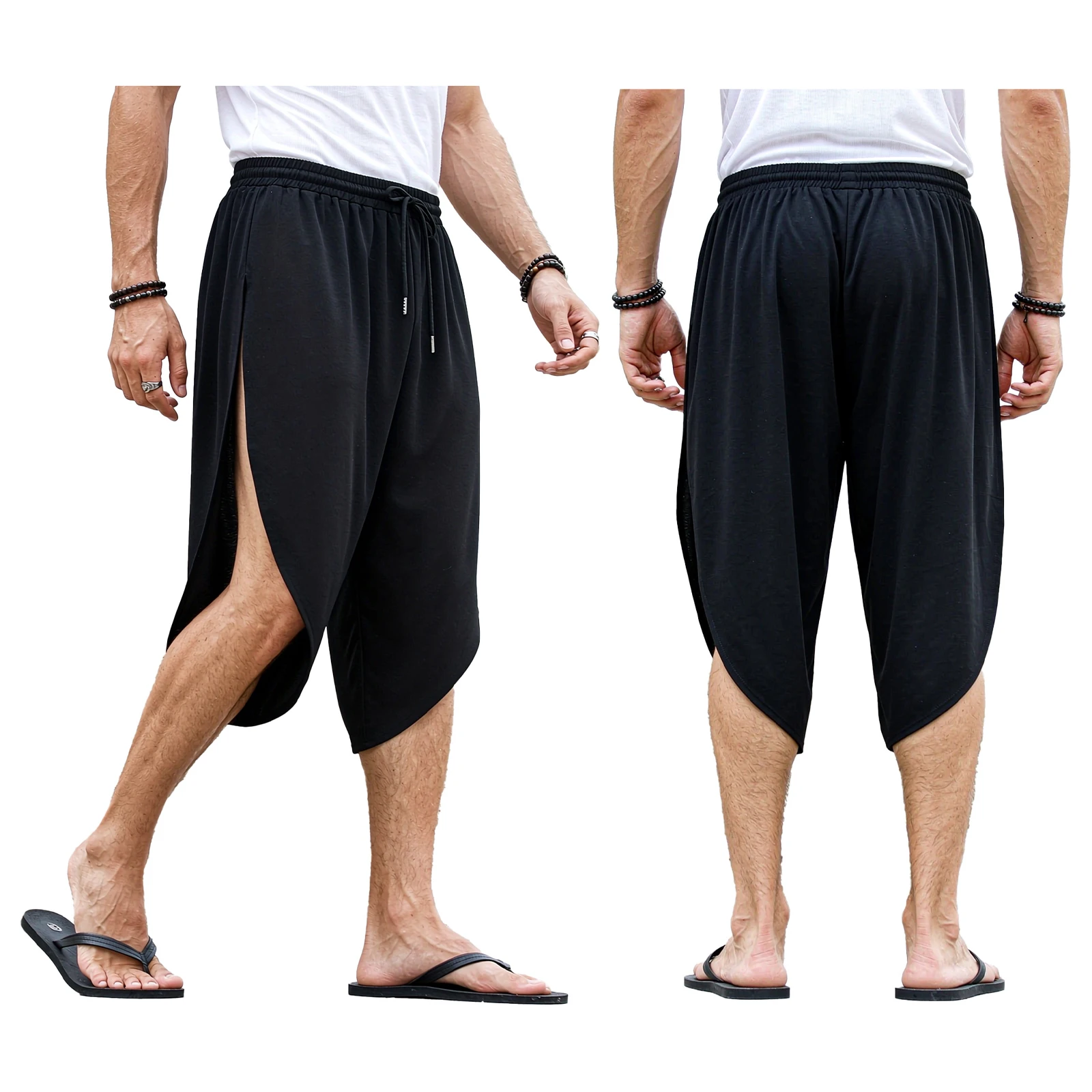 Men Fashion Casual Japanese-style Shorts Drawstring Asymmetrical Sides Split Shorts for Daily Office Work Shopping Home Wear