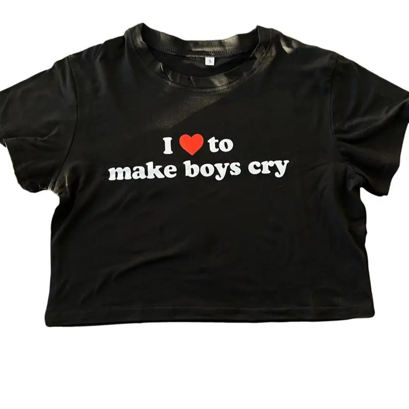

I Love To Make Boys Cry Y2k Letter Print Crop Top Shirt, Size Small