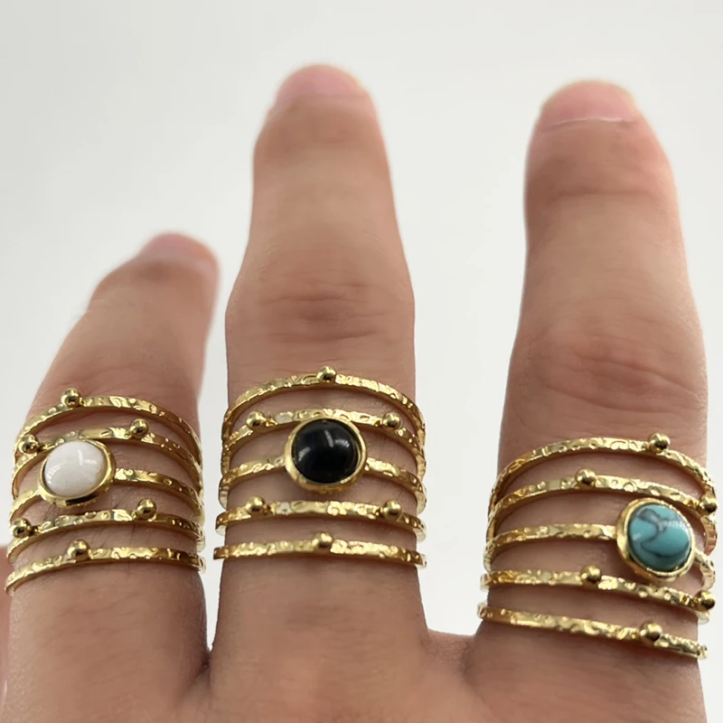 Boho Hollow Natural Stone Open Rings for Women Turquoise Gold Plated Stainless Steel Ring Finger Rings Jewelry Gifts Wholesale