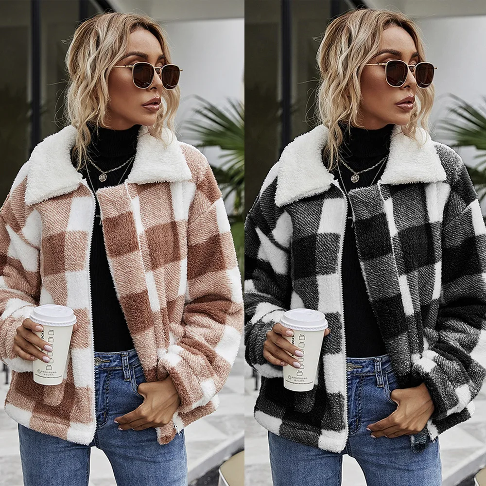 

2025 Autumn Winter New Fashion Zipper Women Casual Cardigan Simple Lapel Female Plush Plaid Jacket