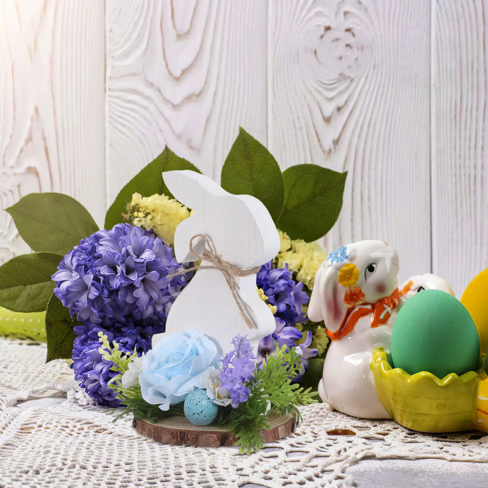 Easter Bunny Wooden Decoration Realistic Rabbit Statue Artificial Flower Foam Egg Rustic Farmhouse Easter Table Centerpiece