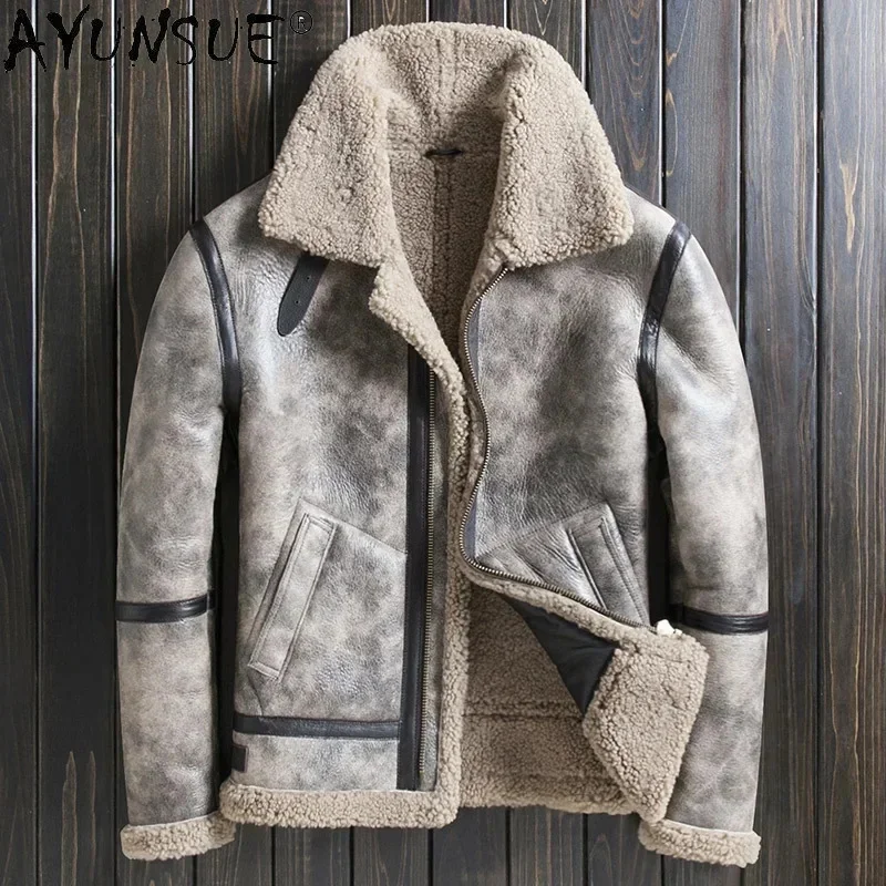 AYUNSUE 2025 Winter Jacket Men Clothing Motorcycle Jackets Genuine Sheepskin Leather Sheep Shearing Coat Veste Homme LXR1069