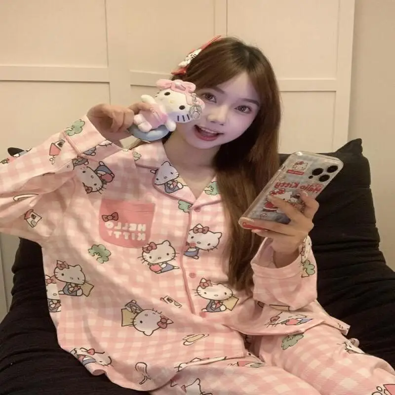 

Sanrio новые пижамы Hello Kitty, милый стиль, женские весенне-осенние новые брюки с длинными рукавами, свободная домашняя одежда для отдыха