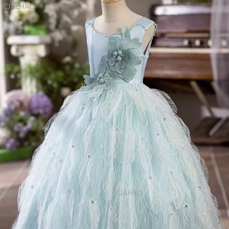 

Girls Birthday Blue Princess Dress Puffy Tulle Party Gown ChildrenGirl Wedding Formal Outfit Pageant Host Performance Flower