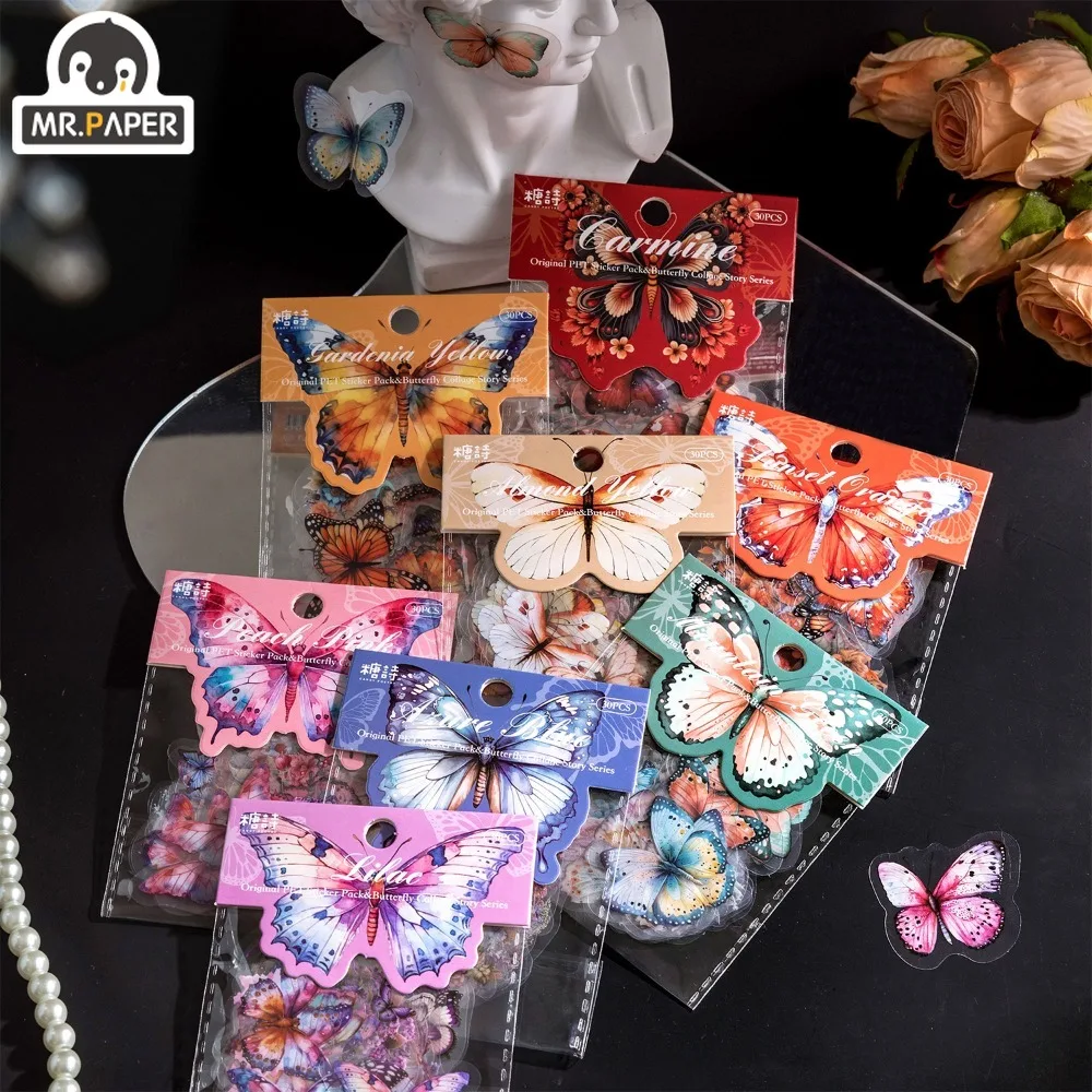 

Mr. Paper Vintage Butterfly White Ink Sticker Pack PET High Beauty Hand Account Collage Material Sticker Stationery 30pcs/pack