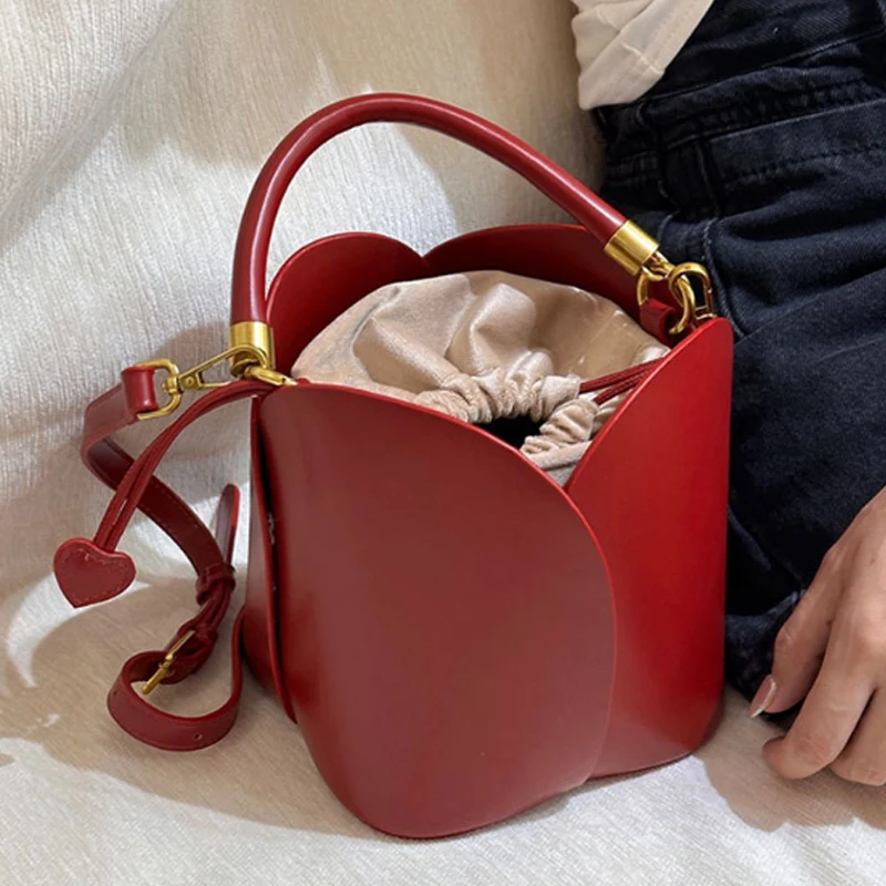 Red Bride Petal Bucket Bag Women Handbag 2024 New Vegetable Basket Crossbody Bag Single Shoulder Bag