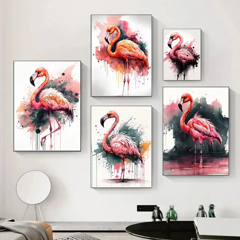 

Watercolor Pink Flamingo Birds Animal Posters and Prints Canvas Printing Modern Wall Art Picture for Living Room Home Decor Gift