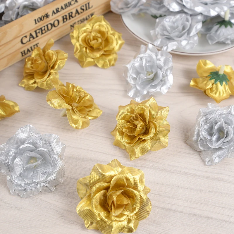 10/20/30pcs 6cm Gold Silver Artificial Flower Heads Silk Rose Head For Wedding Home Decoration Christmas Wreath Decor DIY Crafts