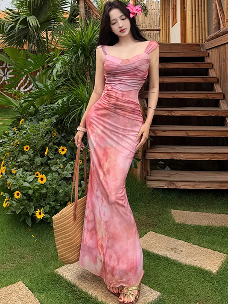 2026 New Pink Mesh Floral Square Collar Sling Long Dress Elegant Casual Beach Style Women's Dress Summer Korean Bodycon Vestidos