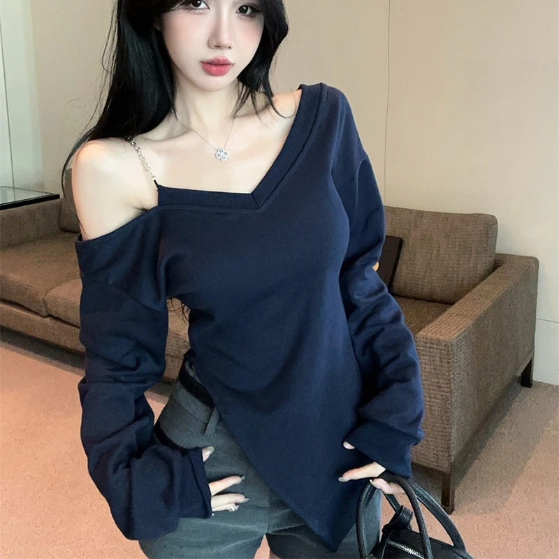 

Fashion Chains Slash Neck Sweatshirt Women Slim-fit Irregular Folds American Style Pullover Hoodie Off Shoulder Long Sleeve Tops