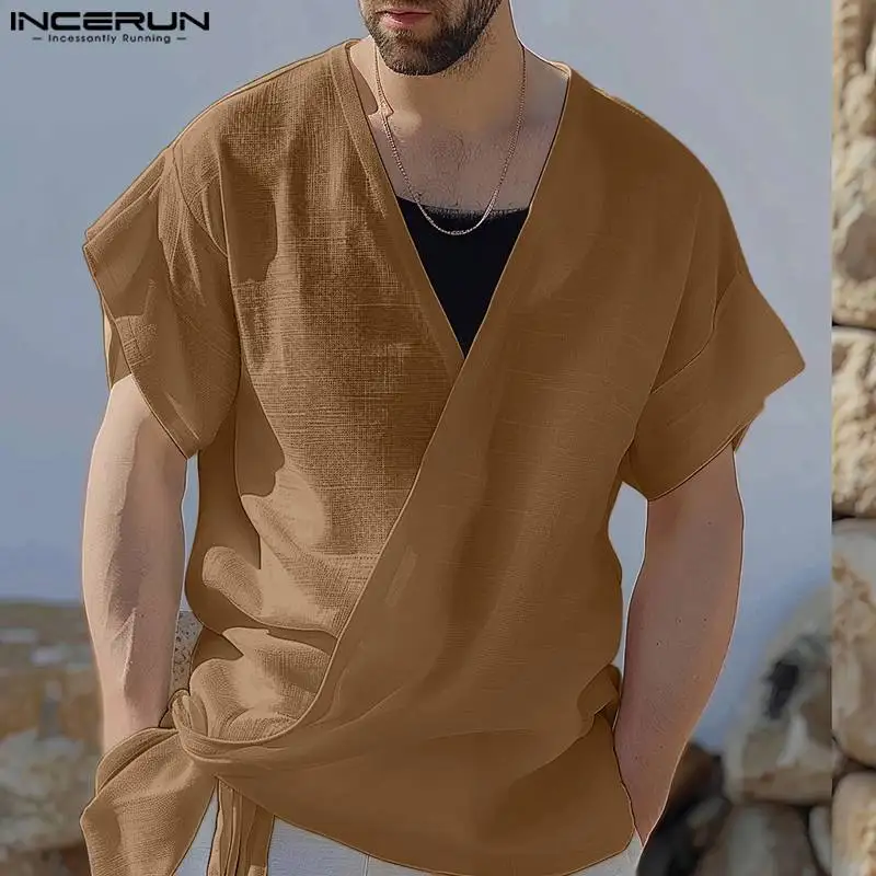 

INCERUN Men Shirt Solid Color V Neck Short Sleeve Lace Up Casual Men Clothing Summer Streetwear 2024 Loose Fashion Camisas S-5XL