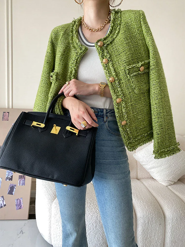 Tassel Trim Green Tweed Jacket Small Fragrant Women Thin 2023 Early Spring Coat