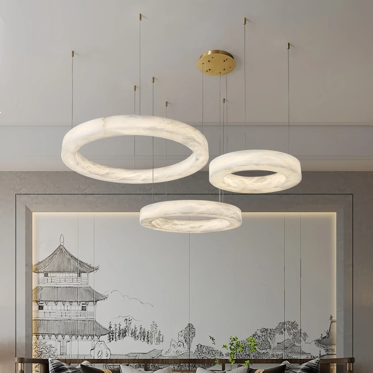 Modern Alabaster Chandelier Designer Home Decor Round Hanging Light for Living Room Bedroom Study Minimalist Marble Pendant Lamp